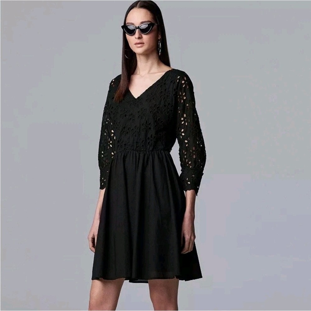 Simply Vera Wang Whimsgoth Fit & Flare Dress Eyelet Cottage Boho‎ Dark Fairy L